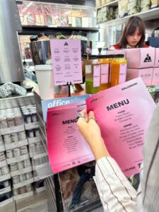 Pink Office Zine and Salomon breakfast menus with bottled juices at Iconic Magazines, Mulberry Street