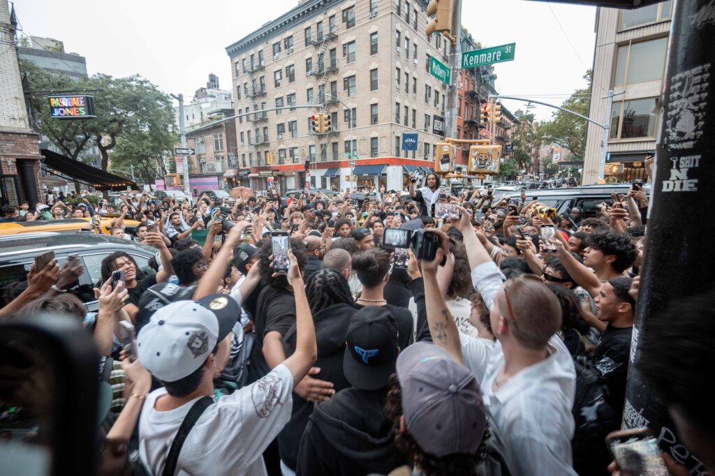 Photographers and fans gathered for Yeat outside Iconic Magazines, Mulberry Street