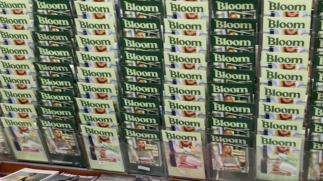 Green Bloom magazines lining wall of Iconic Magazines
